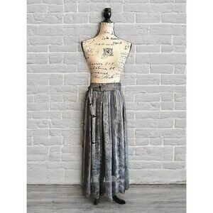 Flowy Grey Lined Maxi Skirt Abstract Pattern Bohemian Style